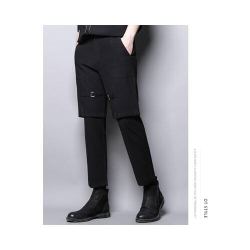 Dark Department personality design high sense of false two casual pants nine-inch small pants male hair stylist Korean version