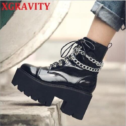 XGRAVITY 2020 New Ladies Punk Boots Fashion Thick Sole Platform Shoes PU Patent Women Autumn Winter Martin Boots Warm Shoe S119