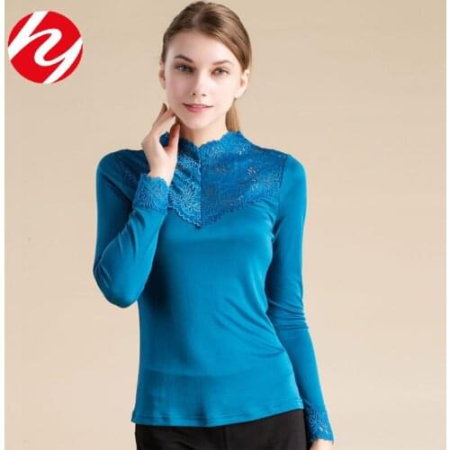 100% Real silk Womens Slim Base T-Shirt lace Long Sleeve O-Neck Side Drawstring Knitted Rib Crop Top for Ladies Daily Wear