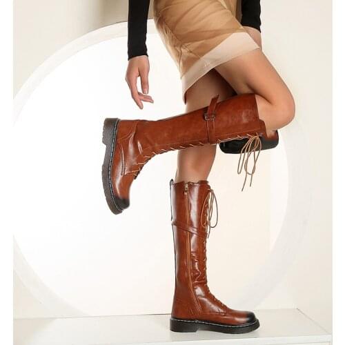 YMECHIC Long Boots 2021 Autumn Winter New Riding Women Western Knee High Botas Black Brown Lace-up Fashion Women Shoes Low Heel