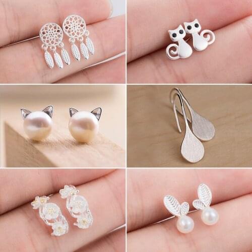 Korean Fashion Earings Jewelry Lovely Pearl Cat Stud Earrings Women Oorbellen Boho Dreamcatcher With Feather Earings pendientes