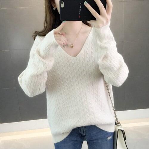 Knitted Pullover Sweater Women Spring Autumn Casual V-Neck Pink Jumper Korean Loose Oversize 6 Colors Cashmere Shirt Top Female