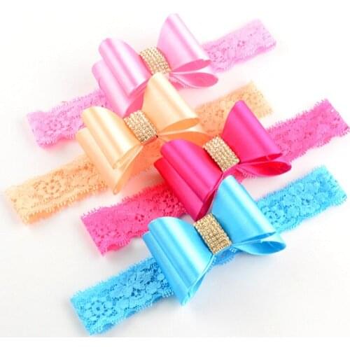 100pcs/lot 3D Super Hard PVC Satin Bow with Lace Headband with Shiny Rhinestone Button girlgirls Headwear FDA202