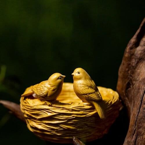 Boxwood 8CM Bird Nest Sculpture Wood Animal Statue Auspicious Home Decoration