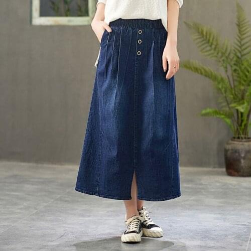 Free Shipping 2020 New Long Mid-calf A-line Skirts Women Elastic Waist Spring Summer Denim Cortton Casual Skirts Blue Pockets