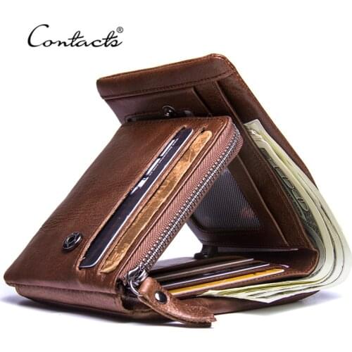 CONTACTS Genuine Crazy Horse Leather Men Wallets Vintage Trifold Wallet Zip Coin Pocket Purse Cowhide Leather Wallet 20PCS/lot