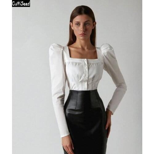 Cultiseed Women Sexy Square Collar Puff Sleeve Pleated Slim Waist Shirts Tops Female New Fashion Office Work Party Blouses Coat