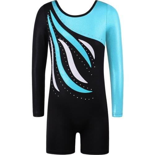 BAOHULU Child Long Sleeve Patchwork Sparkle Leotard for Girls Gymnastics Unitards Leotard Kids Ballet Costume Black Blue