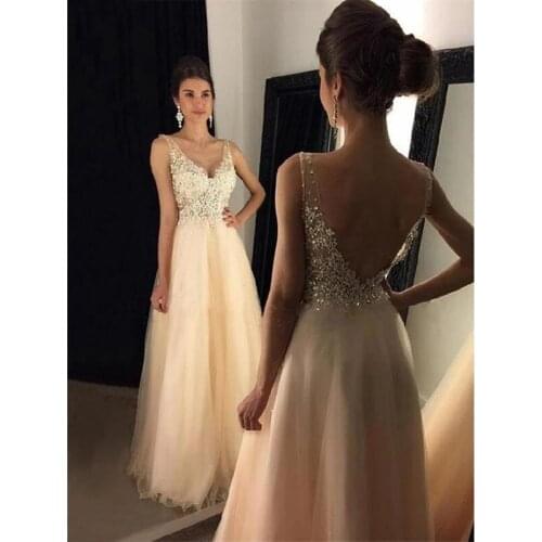 ANGELSBRIDEP V-Neck Long Evening Party Dresses Abendkleider Sexy Backless Applique Floor-Length Special Occasion Prom Dress