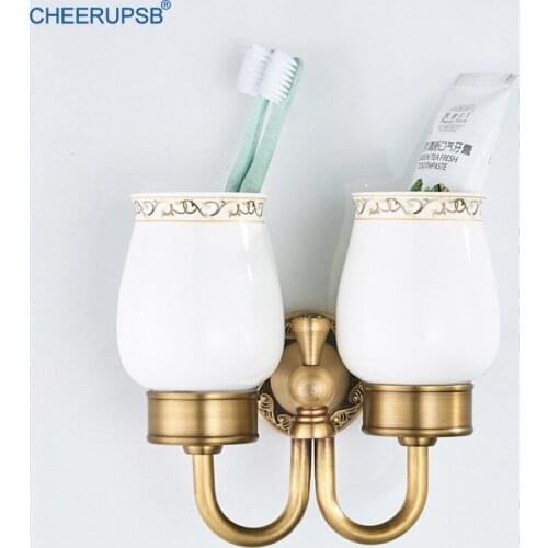 Bathroom Double Cup Holder Vintage Tumbler Toothbrush Holders Vintage Brushed Gold Stand Wall Mount White Porcelain Cups Rack