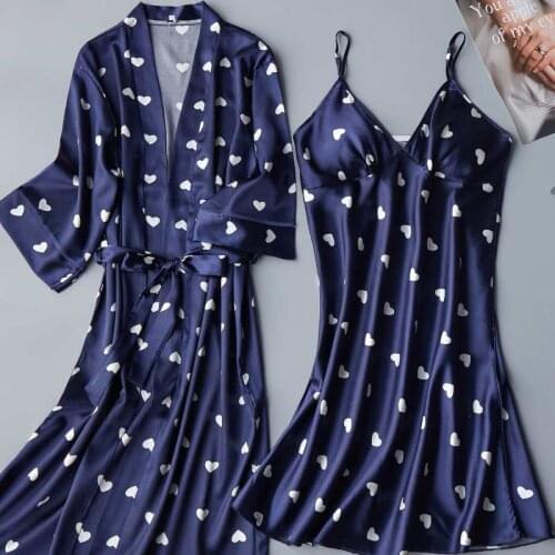 Women 2PCS Robe Set Satin Bathrobe Print Sleepwear Nightgown Casual Kimono Gown Intimate Lingerie Loose Nightwear Home Clothes