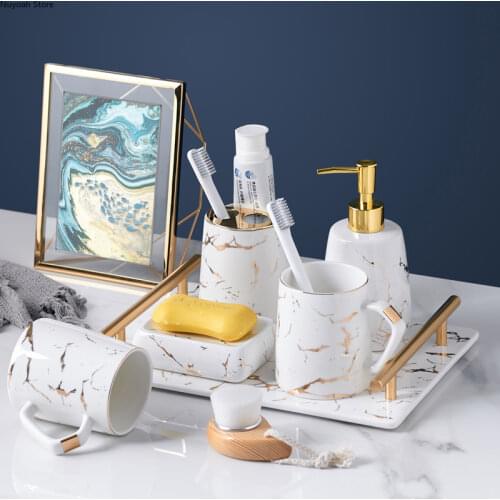 Ceramic Marble Mouth Cup Soap Box Lotion Bottle Toothbrush Holder Household Bathroom Kit Bathroom Decoration Accessories