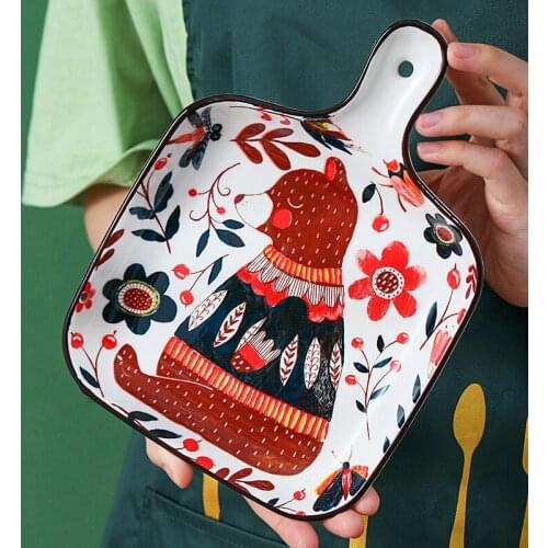 Forest Animal Ceramic Single Handle Baking Plates Square Baking Creative Underglaze Home Restaurant Breakfast Snack Pasta Plates