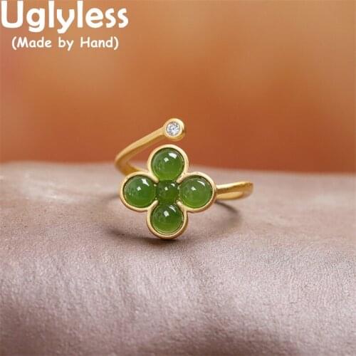 Uglyless Natural Gemstones Hotan Jasper Clover Rings for Women Luxury Gemstone Jewelry 925 Silver Floral Rings Green Jade Bijoux