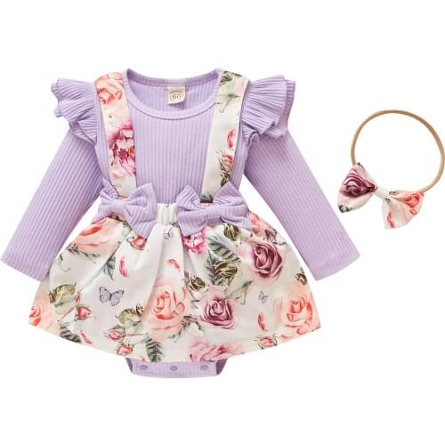 Ma&Baby 0-18M Newborn Infant Baby Girls Romper Knitted Bow Flower Print Jumpsuit Headband Autumn Spring Clothing