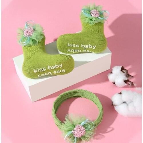 2Pcs Lace Flower Baby Headband Socks Set Princess Elastic Headband For Baby Girl Headwear Non-slip Kids Socks Baby Accessories