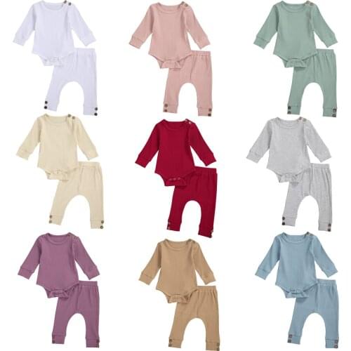 2Pcs Cotton Newborn Baby Girls Boys Outfits Ribbed Solid Casual Long Sleeve Romper+ Elastic Waist Pants Toddler Clothes Set