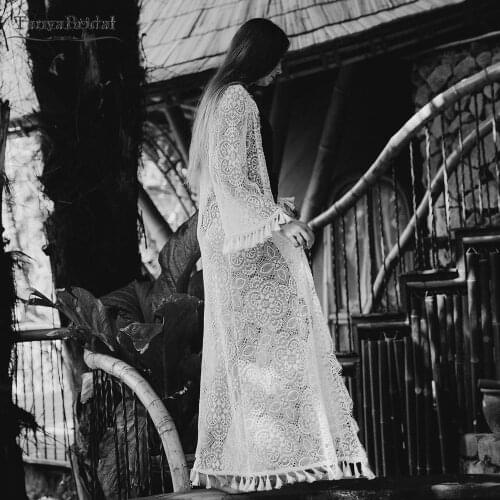 Lace Fringe Tassel Morning Wedding Dresses Long Sleeve See through Elegant Noivas Festa Bridal Robe Gowns DW452