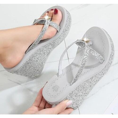 Summer Platform Women Shoes Beach Sandals Rhinestones Sequin Slope With flip flops Breathable Shiny Wedge Slippers women sh321