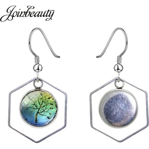 JOINBEAUTY Fashion Tree Of Life Art Picture Glass Drop Earrings Polygon Geometry Hollow Out Jewelry Romantic Dangle Earrings B80