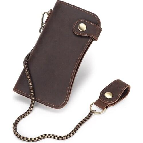 Mens Novelty Wallet With Crazy Horse Fashion Leather Purse Vertical Handbag Multi Vintage Card Luxury Designer Clutch Bag Chain