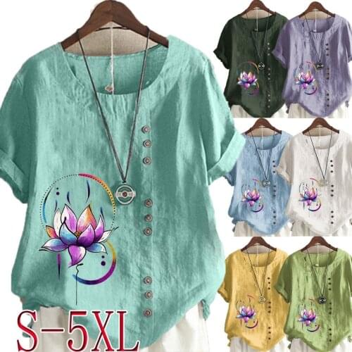 New Arrived Summer Fashion Womens Lotus Printed Linen T-shirt Casual Loose Round Neck Short Sleeve Shirt Blouse Tops Plus Size
