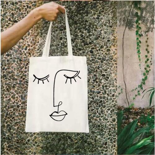 One Line Face Art Canvas Tote Bag Geometric Handbags for Women 2021 Eco Friendly Custom Shopping Bags with Logo Print Art
