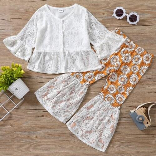 Toddler Girls Autumn 2pcs Causal Clothes Set Long Sleeve Lace Tops + Sunflower Printed Lace Flared Pants Children Outwear Suit
