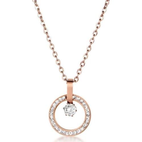 Stainless Steel Crystal Zircon Stone Rose Gold Round Pendant Necklace Women Minimalism Gift For Him