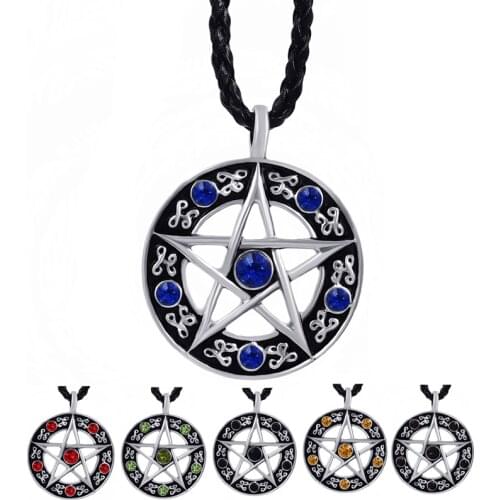Mens Womens Blue/Red/Black/Green/Purple CZs Pentacle Pentagram Star Pewter Pendant with 24" Necklace Jewelry LP207