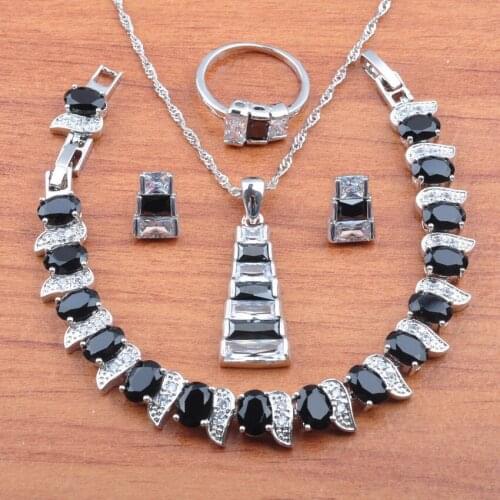 Luxurious Black Zirconia Crystal Silver Color Jewelry Set For Women Russian style Earrings Necklace Rings Bracelet Set JS0565