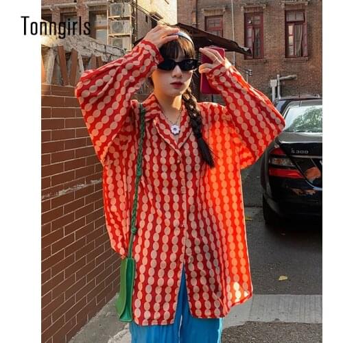 Tonngirls Women Shirt Vintage Blouse Polka Dot Top Long Sleeve Shirt Blue Streetwear Y2k Vintage Shirt And Blouse Autumn Spring