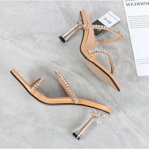 2021 summer new style womens sandals diamond decoration one line with high heel sandals fashion party net red comfortable 8cm