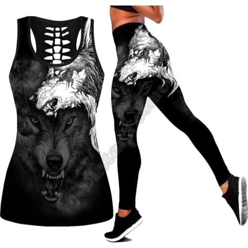 Wolf Spirit Tattoo Legging hollow tank Combo 3D Printed Tank top Suit sexy Yoga Fitness Soft Legging Summer Women For Girl 15