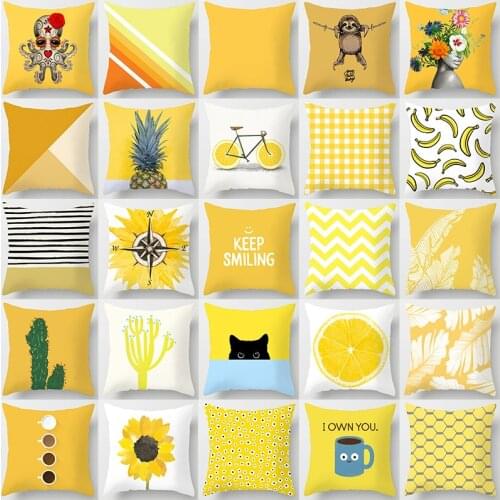Yellow Cushion Cover Plaid Flower Letters Print Sofa Pillow Cases Bedroom Home Decor Car Office Decorative Accessories 45x45cm
