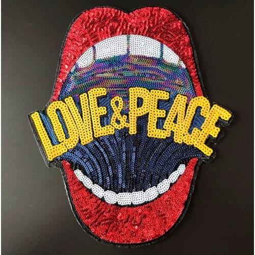 T shirt Women patch 2color sequins fabric 263mm mouth LOVE&PEACE deal with it iron on patches for clothing stickers freeshipping