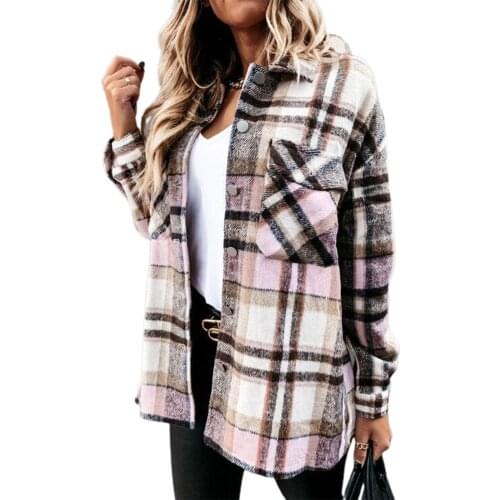 Women Retro Plaid Print Blouses Casual Lapel Long Sleeve Button Front Loose Pocketed Coat Female Outerwear Chic Shirts Tops