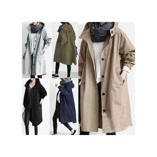 Women Autumn Solid Color Pocket Hooded Windbreaker Long Trench Coat Outerwear Womens clothing женская куртка femme veste