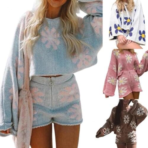 Women Stylish Casual suit Knitted Horn Sleeve Zipper Anti-shrink lovely Floral Fall Suit for Streetwear Daily Holiday