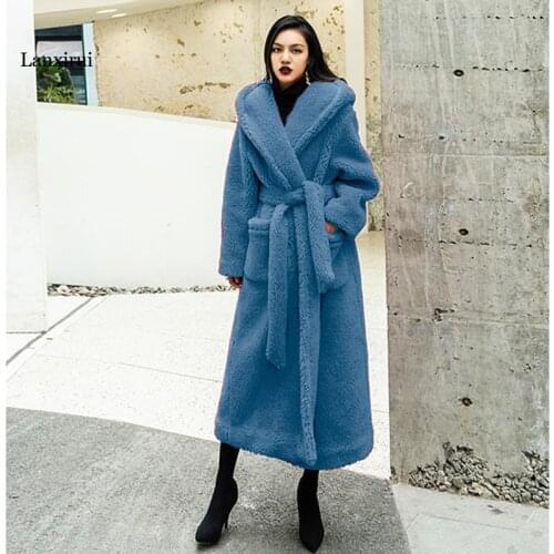 Winter Solid Long Coats Slim Full Sleeves Teddy Thicken Warm with Belt Coats Outwear with Pockets Fashion Coats Overcoat Clothes