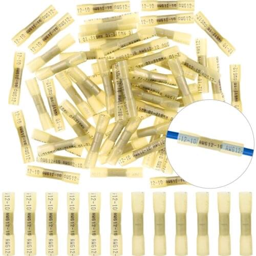 200/100/50/25/20/10Pcs Yellow Heat Shrink Waterproof Splice Crimp Terminals Wire Butt Insulated Connectors Kit AWG10-12
