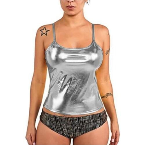 2021 Summer Sexy Sleeveless Vest Tank Solid Leather PU T-shirt Plus Size XS-7XL party Clubwear Shiny Metal Texture Suspender Top