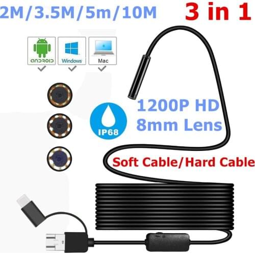 3 in 1 1200P Endoscope Camera 8mm Usb Type-C Mini Camera For Android Phone PC Laptop Otoscope Inspection Borescope Camera