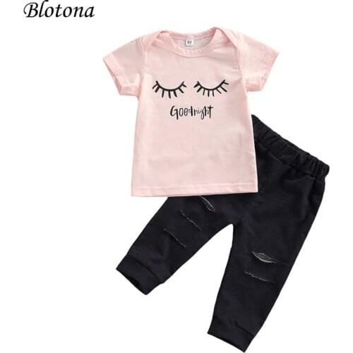 Blotona Summer Baby Girl Casual 2Pcs Clothes Set Letter Print Short Sleeve O-neck T-shirt+Solid Color Ripped Long Jeans 0-3Years