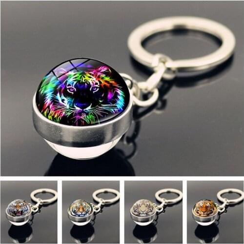 Cute Animal Keychain Tiger Pattern Double Side Glass Ball Pendant Charms Metal Keyring Keychain Gifts for Men Women Accessories