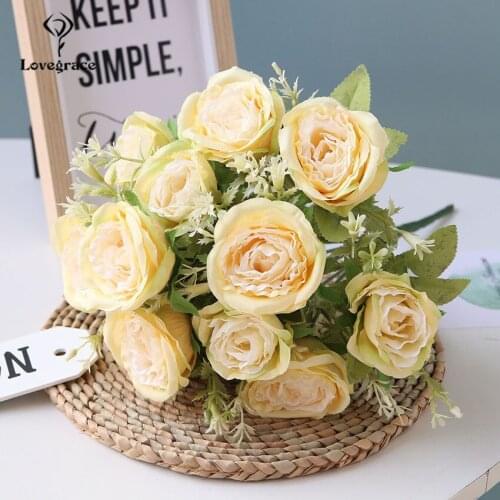 Lovegrace Rose Flower Bouquet 12 Heads Rose Bridesmaid Wedding Bouquet Flower Arrangement Fake Flowers DIY Home Party Decoration