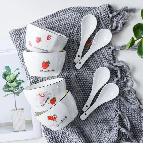 Household bowl set ceramic tableware combination cute cartoon Japanese bowl creative eating rice bowl soup bowl with spoon