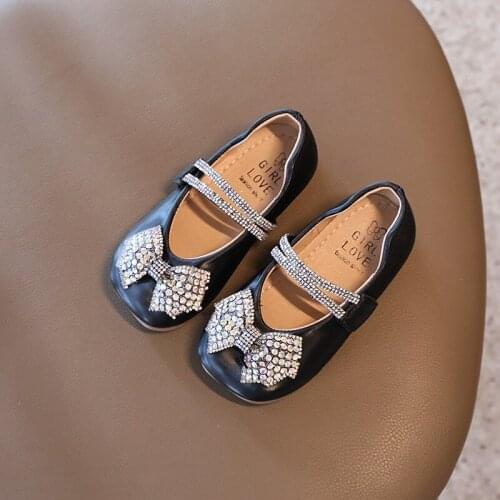 Children New Casual Loafers Kids Fashion Solid Color Leather Shoes 2021 Teenage Girls Princess Leather Shoes With Diamond Bow