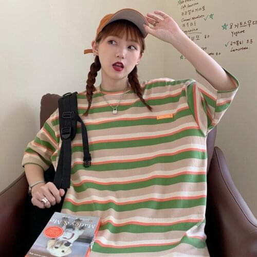 Vigour Girl Vitality Stripe Short Sleeve T-Shirt Women Loose Korean Version Harajuku Style Hong Kong Style Summer Top