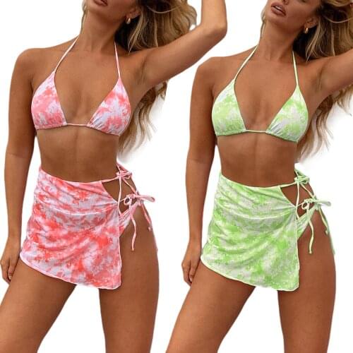 3PCS Set Sexy Women Swimwear Ladies Halter Bra+High Waist Thong+Wrap Skirt Bathing Suits Beach Wear Female Biquini Swimsuit